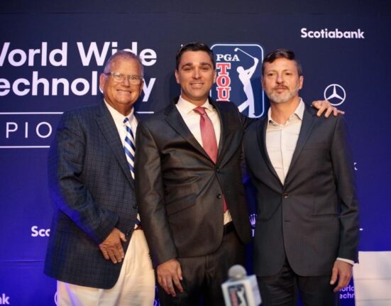 world-wide-technology-championship-presentation-Michael Abbott-Senior-Vice President-of-Operations-Diamante-Cabo-San-Lucas-Joe-Mazzeo-Tournament-Director-and-Rodrigo-Esponda-Managing-Director-Los Cabos-Tourism-Board