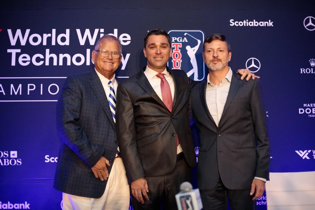 world-wide-technology-championship-presentation-Michael Abbott-Senior-Vice President-of-Operations-Diamante-Cabo-San-Lucas-Joe-Mazzeo-Tournament-Director-and-Rodrigo-Esponda-Managing-Director-Los Cabos-Tourism-Board